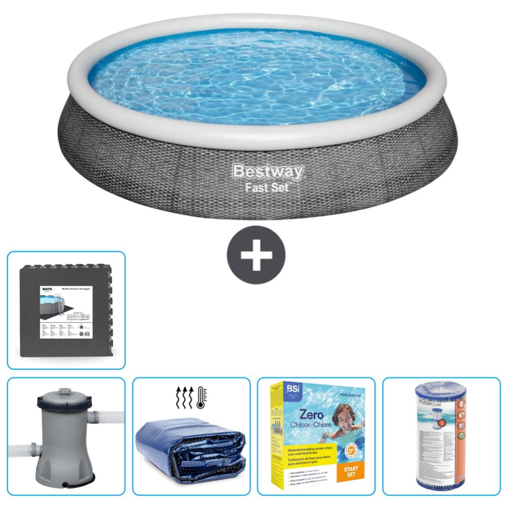 Bestway runder aufblasbarer Fast-Set-Pool – Rattan-Druck – 396 x 84 cm – inklusive Pumpe Sonnensegel - Wartungspaket - Filter - Bodenfliesen