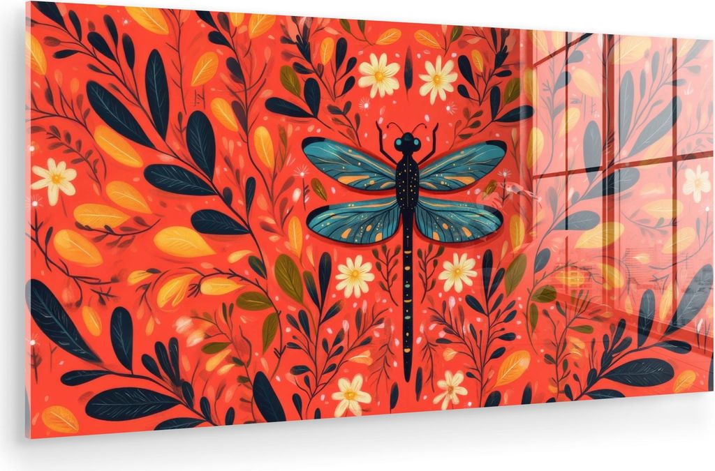 MuchoWow Glasbilder - Bilder auf Wandbild - Foto auf Glas Libelle - Blau - Flügel - Blätter 120x60 cm Wanddekoration aus Glas - Acrylglasbild - A...