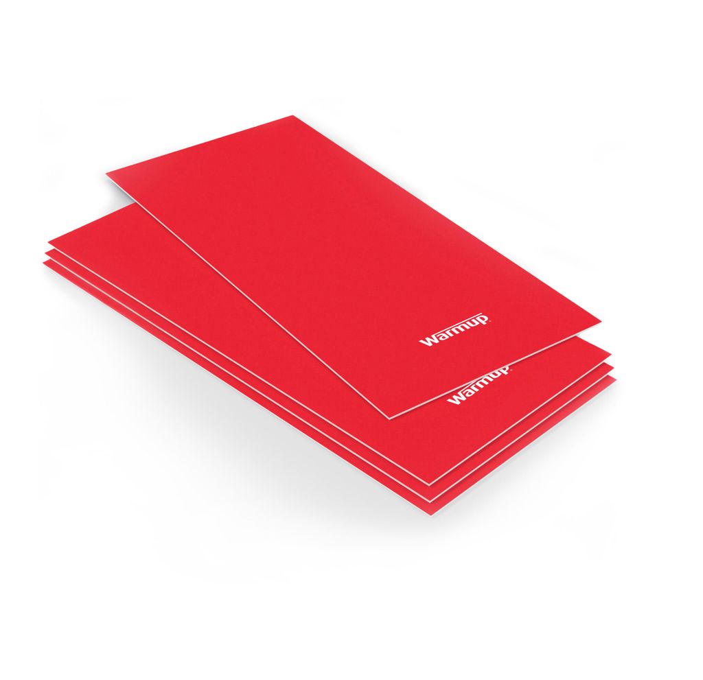 A stack of red rectangular items, possibly insulation mats, with the brand name 'Warmup' printed on them.