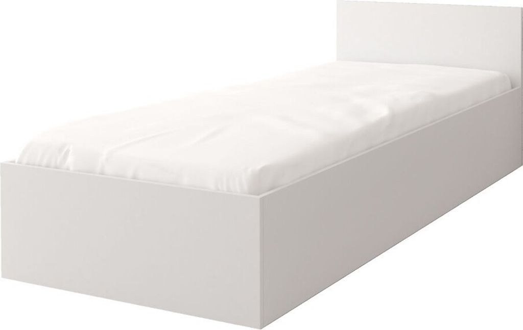 A white single bed with a white mattress and a white headboard, shown from a diagonal angle against a white background.