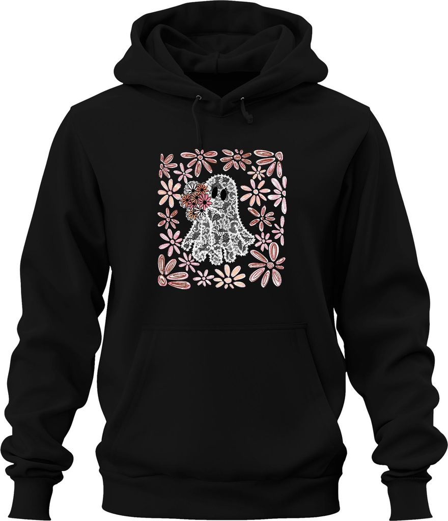 Halloween Gespenst Spitze Blumen Boho Gänseblümchen Süß Niedlich Uni Hoodie Kapuzenpullover, Schwarz, XXL