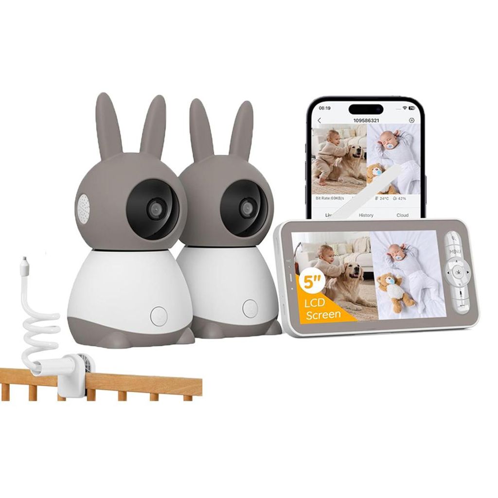 Babyphone mit 2 Kameras und APP 2K/5,0 Zoll WLAN Babyfon mit Split-Screen PTZ 360° 4× Zoom IR-Nachtsicht Automatische Verfolgung mit Halterung