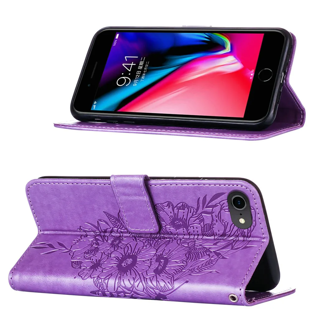 Custodia Antiurto iPhone SE 2020 Flip Viola Pelle Farfalla 360 - 2