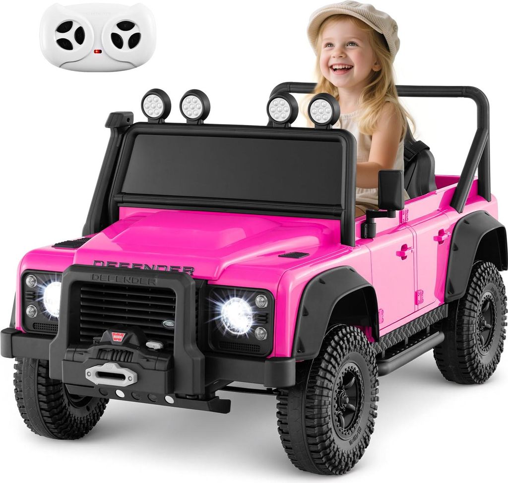 GOPLUS 12V Kinder Elektroauto, Land Rover Defender Kinderauto mit Musik, LED Licht & Hupe, Kinderfahrzeug Electro für Kinder von 3-8 Jahren (Rosa)
