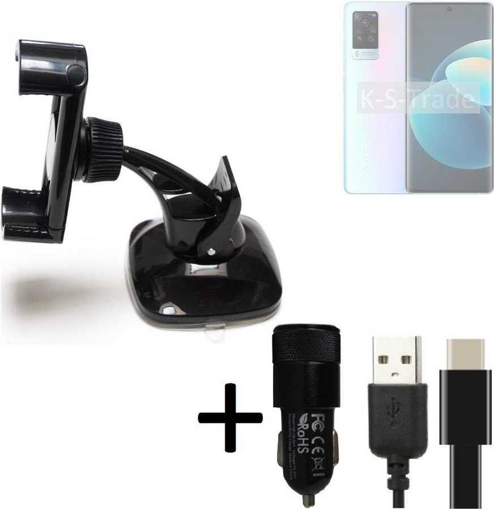 K-S-Trade Handy-Halterung kompatibel mit Vivo X60 Pro Windschutzscheibe / Armaturenbrett + LADEGERÄT mit Mico USB Kabel Autohalterung