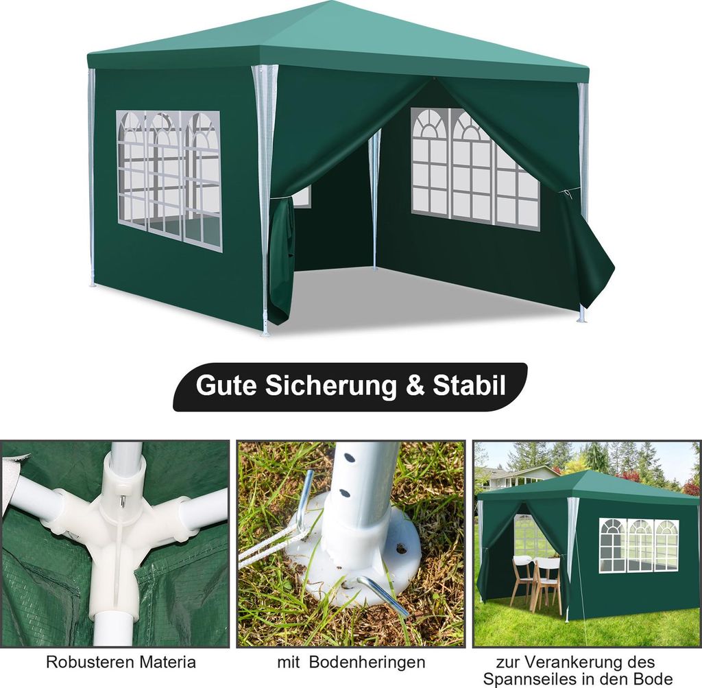 Faziango Pavillon 3x3m mit Seitenwänden Tasche Wasserdicht UV-Schutz 50+Gartenpavillon Gartenzelt Partyzelt Grün