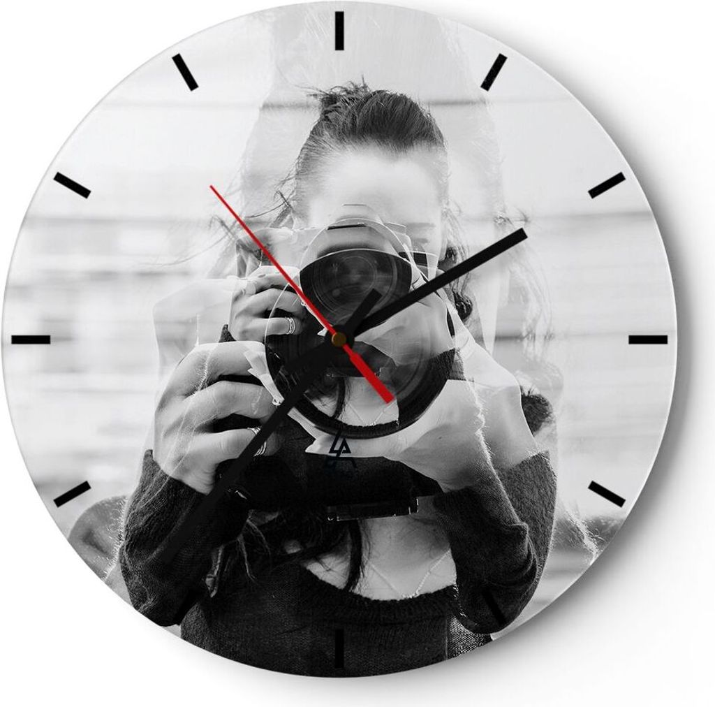Wanduhr - Rund - Glasuhr - Fotograf Schwarzweiß Doppel - 30x30cm - Schleichendes Uhrwerk - Lautlos - zum Aufhängen bereit - Dekoration Modern - W...