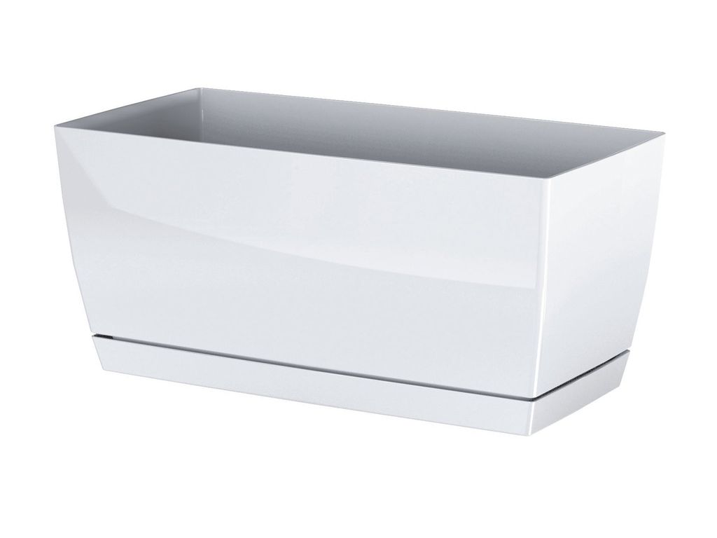 A white rectangular planter with a matching saucer, shown from a slightly elevated side angle against a white background.