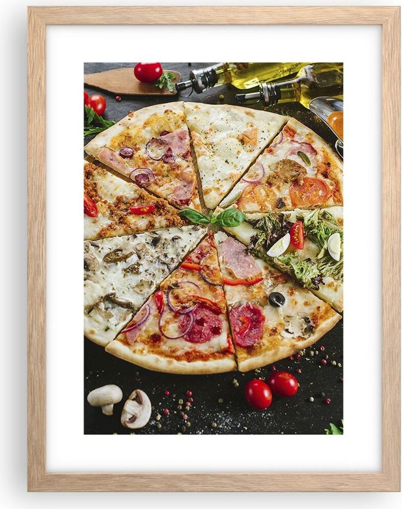 Gerahmtes Poster - Rahmen in heller Eiche - Pizza Käse Tomaten - 30x40 cm - Wand Bild - Wanddeko - Wandbilder - Wandposter - Bilderrahmen - Bilder...