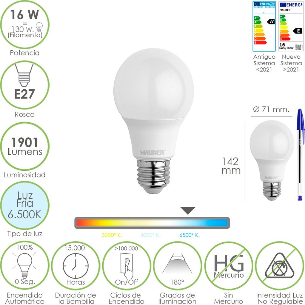 Bombilla Led Estandar Rosca E27. 16 Watt. Äquivale A 130 Watt. 1901 Lumen. Luz Fría 6500o K.)