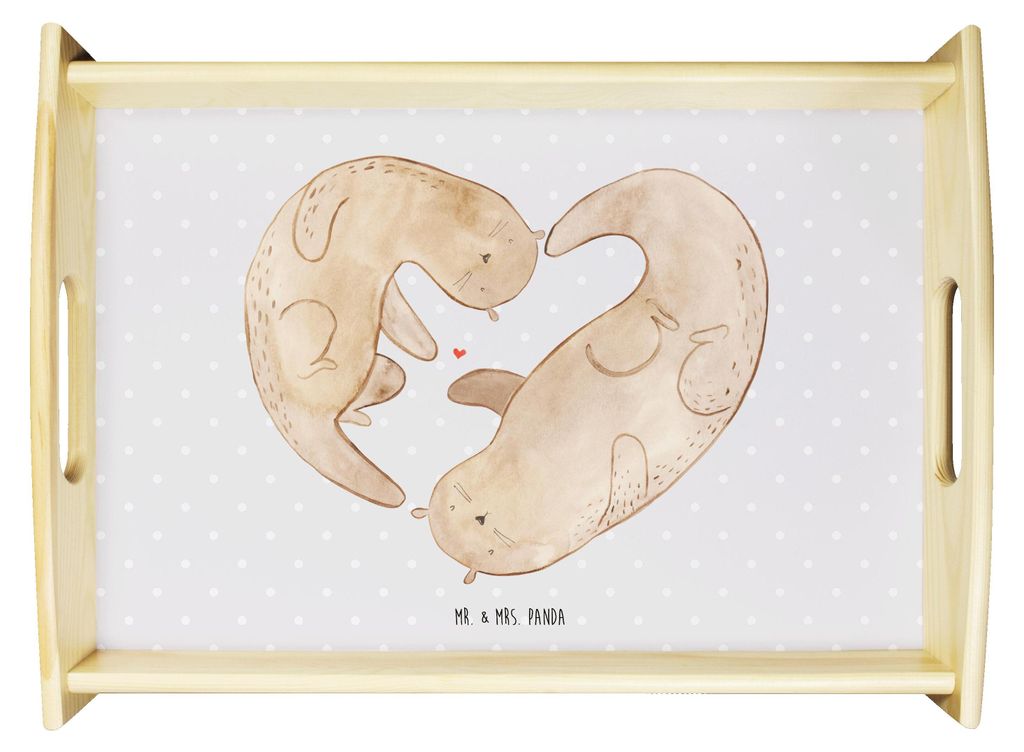 Mr. & Mrs. Panda tablett für bett Otter Herz - Grau Pastell - Geschenk, Deko, Liebe, Seeotter, Holztablett, Servier, Sofa, Serviertablett