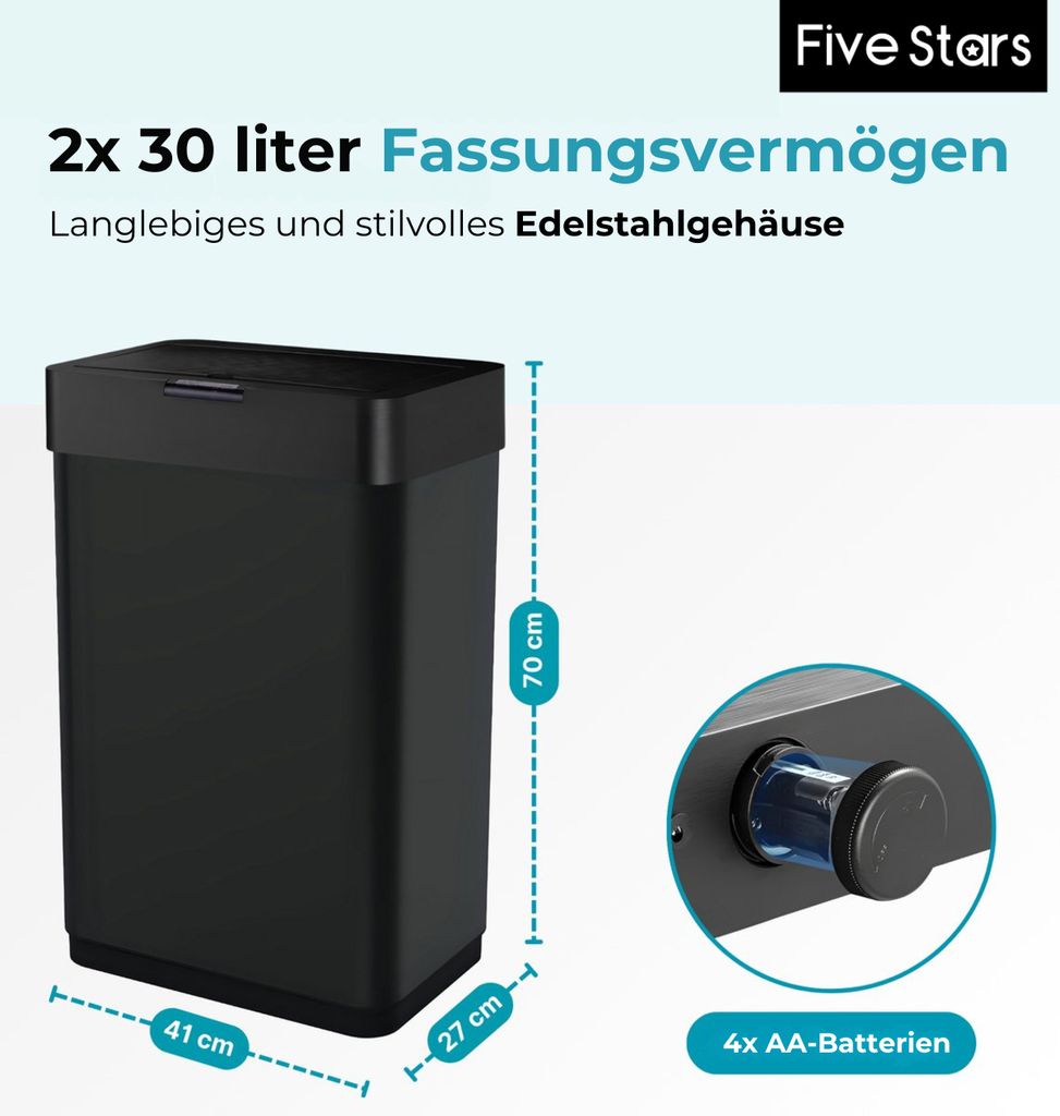 Five Stars® Mülleimer mit Sensor - 2x30 Liter