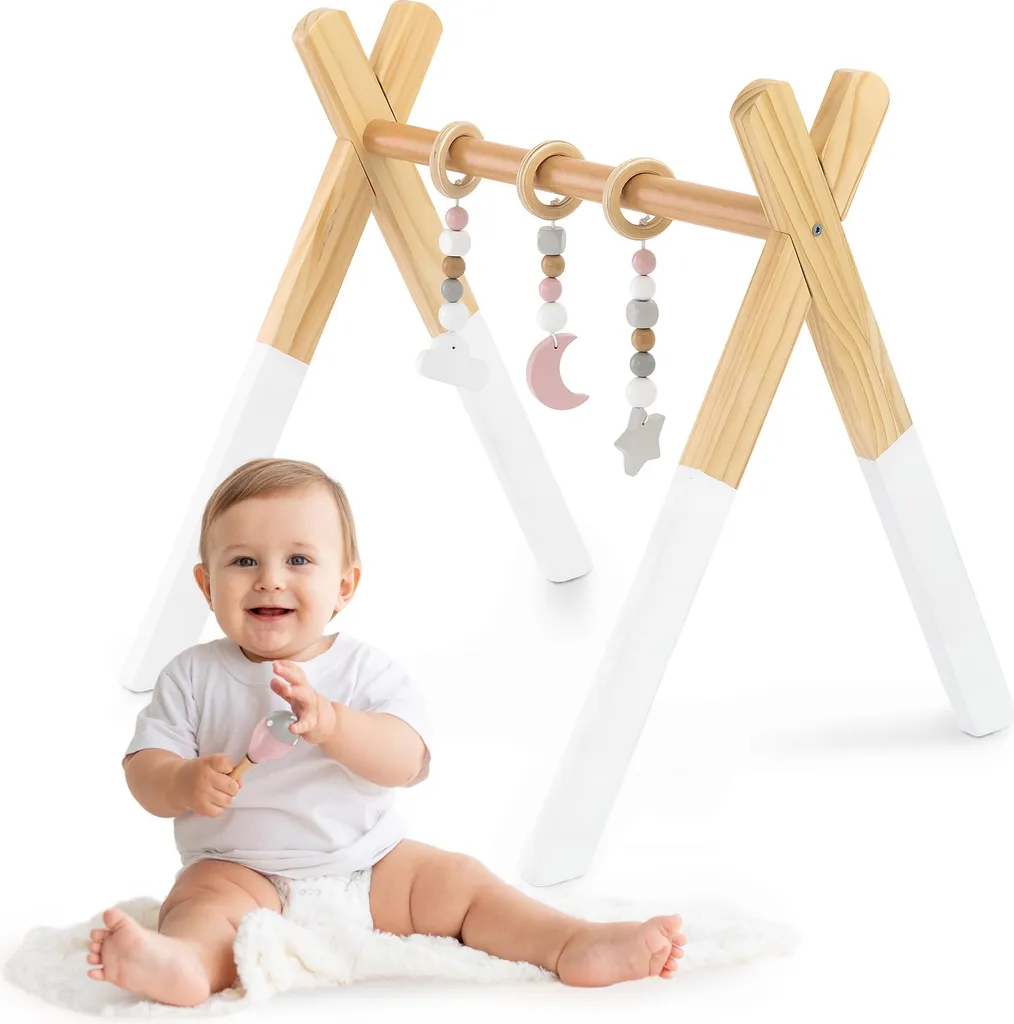 Portique d'éveil Montessori en bois blanc pour bébé dès la naissance
