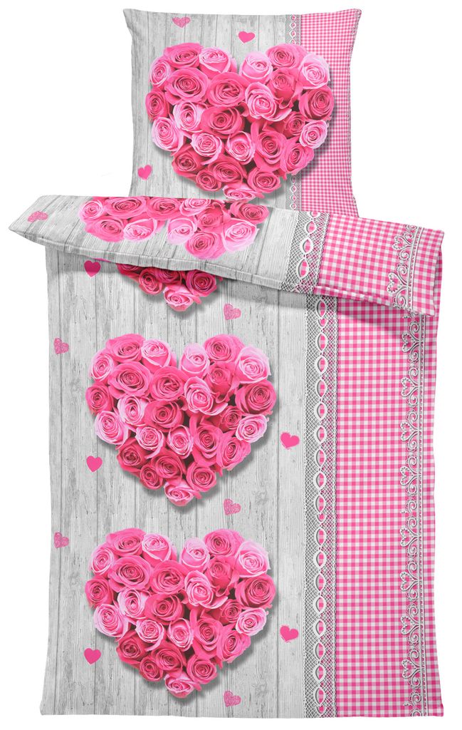 2 teilig Bettwäsche Renforce Baumwolle 135x200 Love Herz Rosen Weiß Rosa 