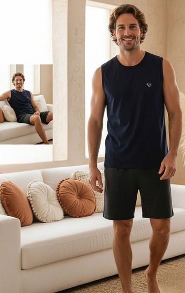 Herren Pyjama Bermuda Shorty Marineblau XL Kurz Baumwolle Produktbild 