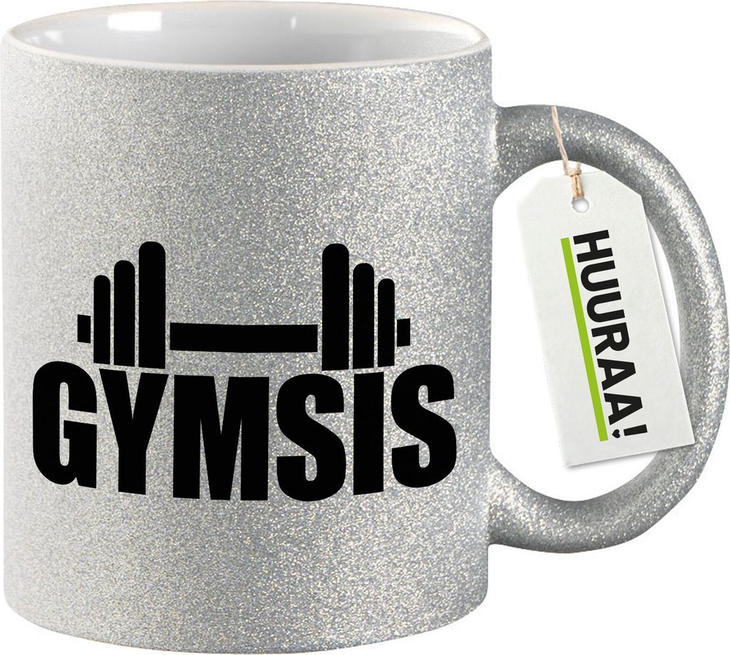 Huuraa Glitzertasse Gymsis Hantel 330ml Silber Keramik Kaffeebecher Geschenkidee