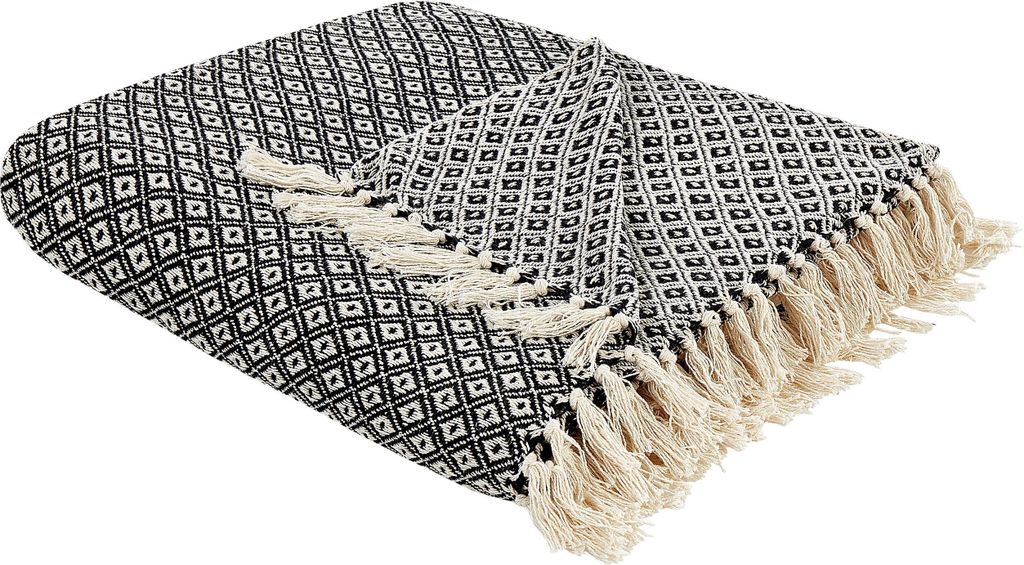 BELIANI Kuscheldecke Schwarz und Weiß Baumwolle 220 x 240 cm Modern mit Fransen Handgewebt Schlafzimmer Wohnzimmer Accessoire Deko Überwurf Wohnd...