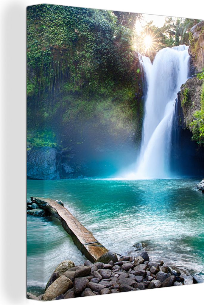 MuchoWow - Leinwandbilder - Wasserfall - Steine - Landschaft - Pflanzen - Wasser, Wandbild, Wanddeko Bilder Wohnzimmer, 30x40 cm
