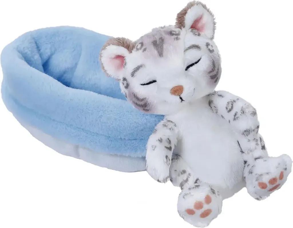 Doudou léopard des neiges en peluche recyclée et son couffin bleu NICI