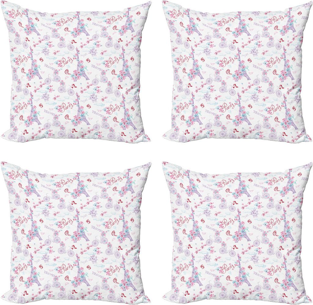 ABAKUHAUS Romantisch Kissenbezug Set (4 Stück), Eiffelturm und Blumen, Moderner Doppelseitiger Digitaldruck, 50 cm x 50 cm, Blassblau Rosa und Weiß