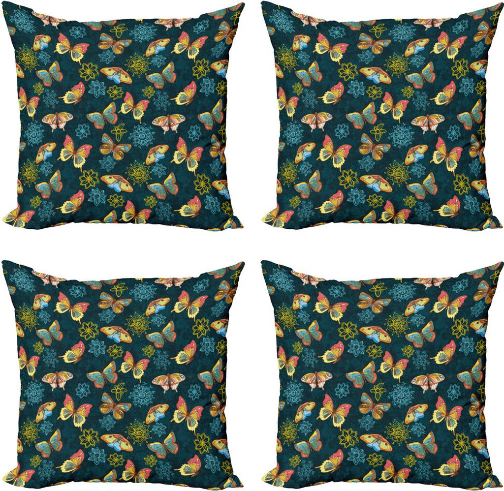 ABAKUHAUS Blumen Kissenbezug Set (4 Stück), Schmetterlinge und Blumen, Moderner Doppelseitiger Digitaldruck, 40 cm x 40 cm, Gelb und Blau Petrol