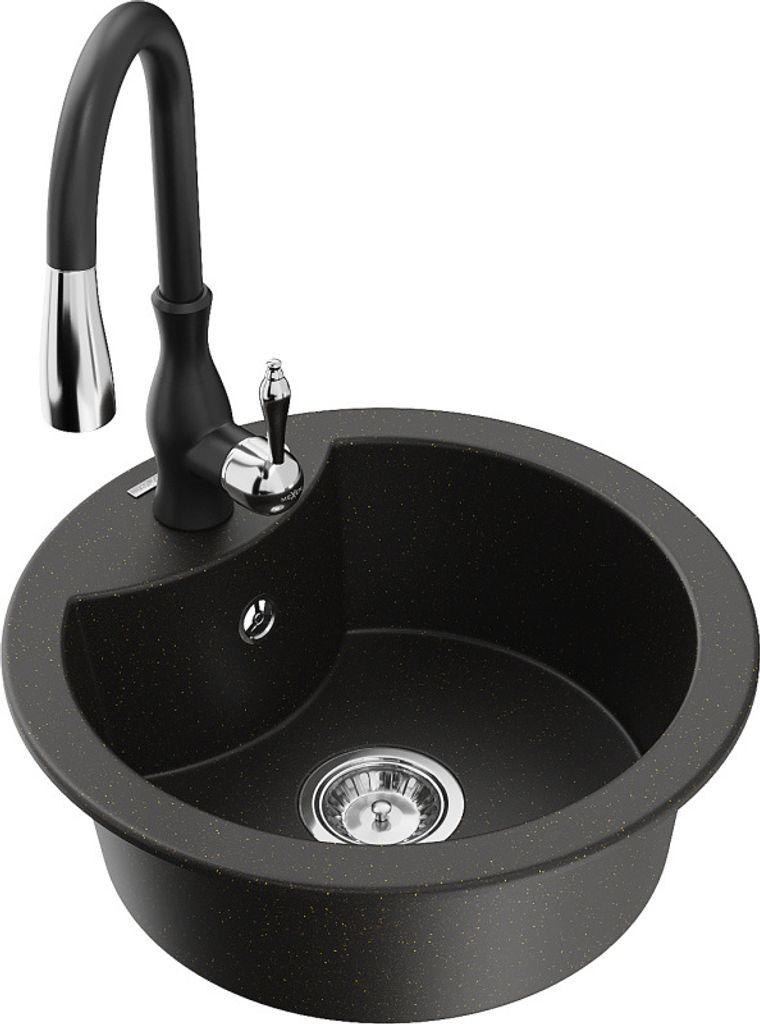 Mexen Diego 1-Becken-Granit-Spüle mit Mischbatterie Savita, Schwarz/Gold metallisch - 6512-75-672601-70