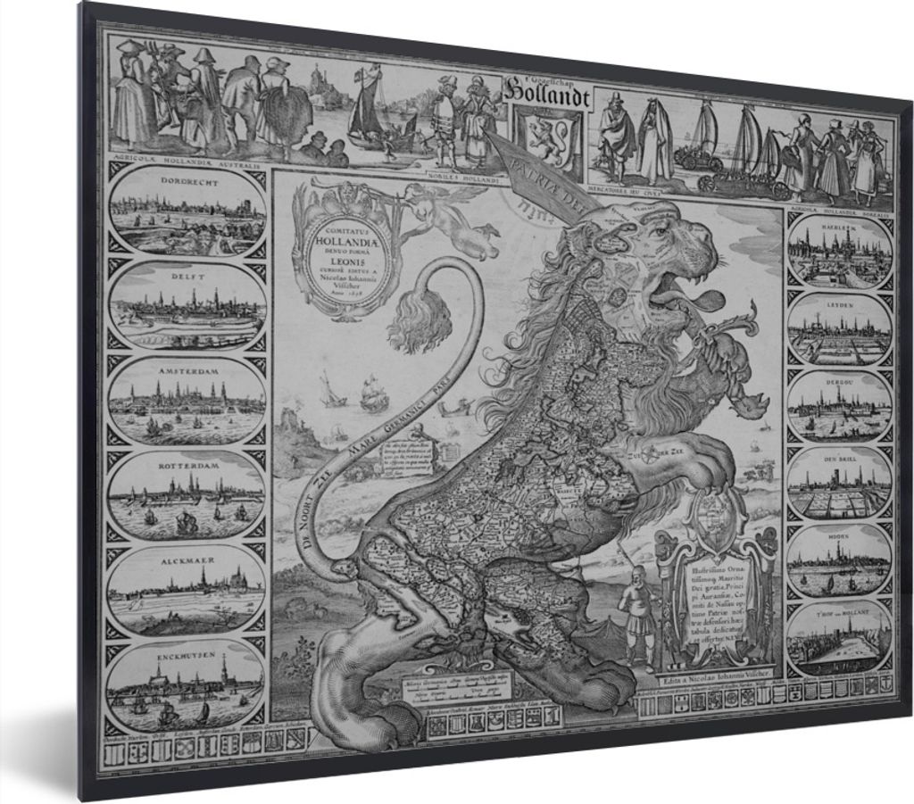 MuchoWow Gerahmtes Poster Schwarz-Weiß-Karte der Niederlande in der Form eines Löwen 80x60 cm - Poster mit Schwarzem Bilderrahmen Wandposter Ra...