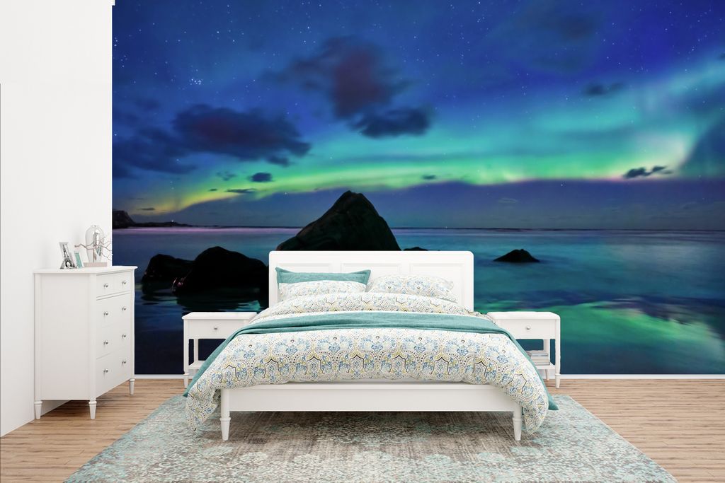 MuchoWow Fototapete für Wohnzimmer oder Schlafzimmer Wandtapete Vinyl Motivtapete Himmel - Landschaft - Polarlicht - 400x240 cm - Gemustert