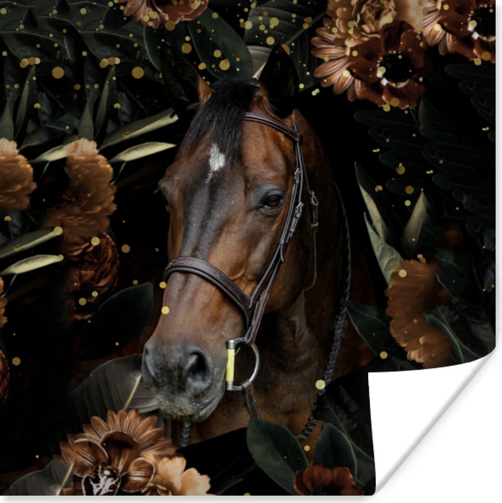 MuchoWow Poster Pferd - Blumen - Halfter 50x50 cm - Wohnzimmerdekoration
