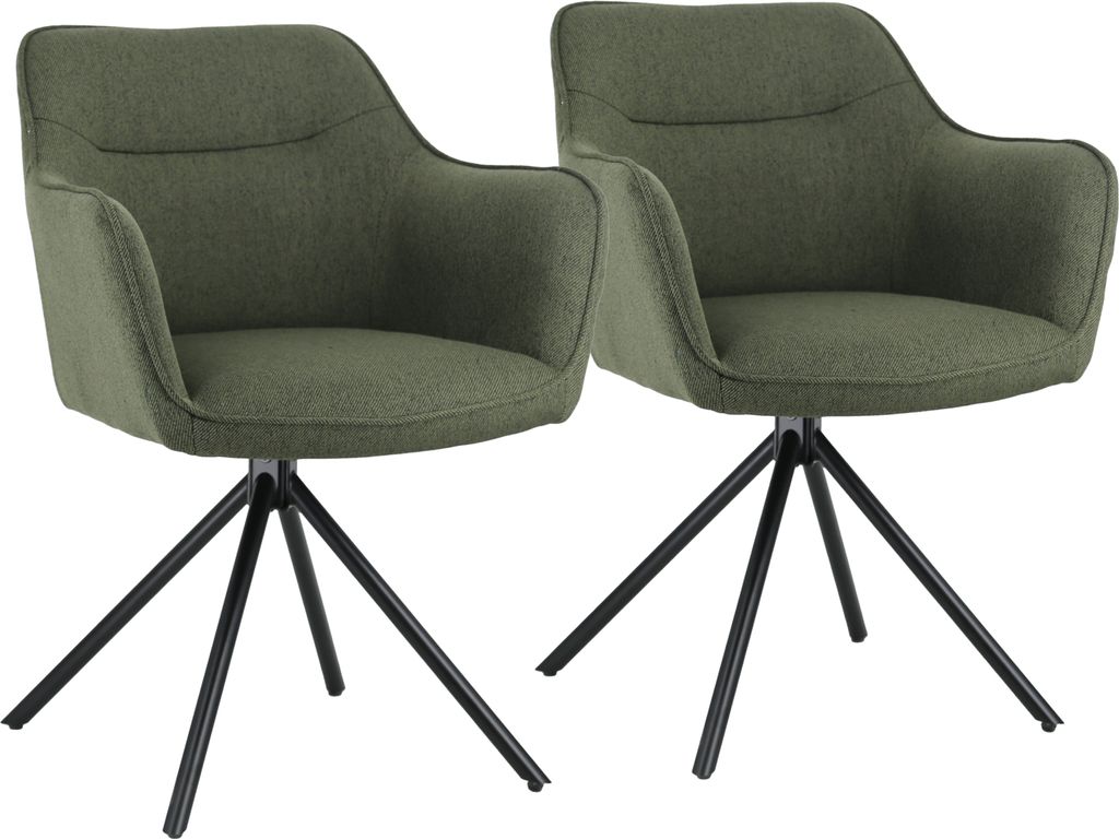 Two green fabric chairs with black metal bases are shown against a white background.