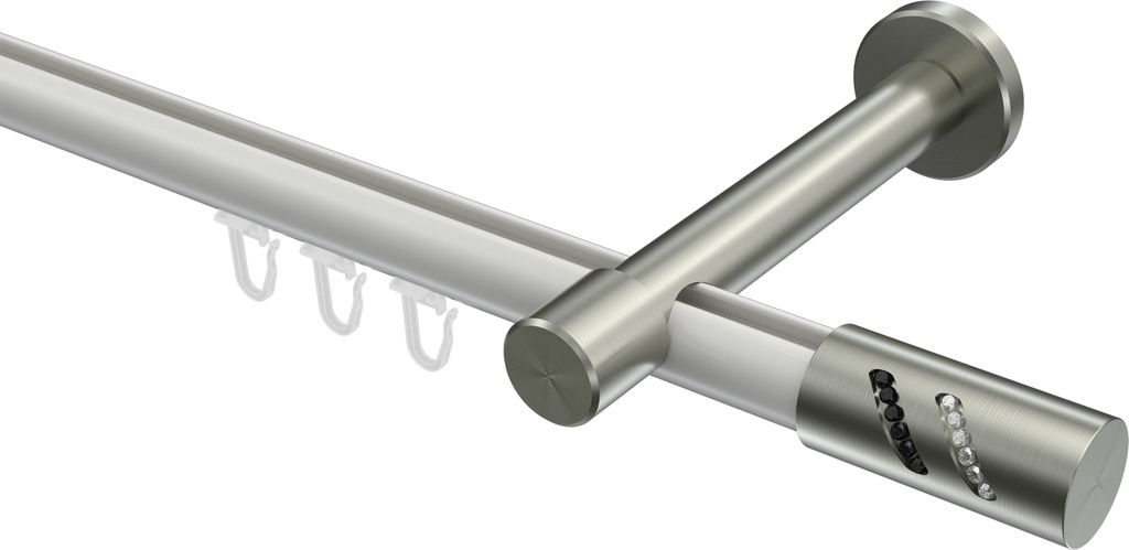 Interdeco Innenlaufstange / Gardinenstange mit Innenlauf Weiß / Edelstahl-Optik, Typ Prestige Zoena (Glitzerzylinder), 20 mm Ø 1-läufig, 180 cm