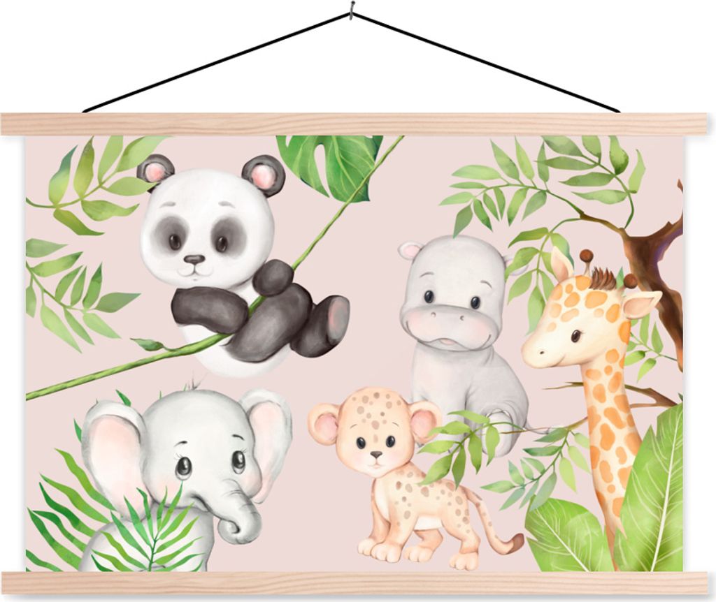 MuchoWow Textilposter Dschungel - Tiere - Rosa 60x40 cm mit holzfarbenen Rahmen - Bilder