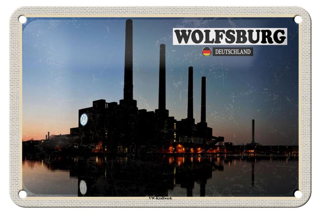 Blechschild Städte Wolfsburg VW-Kraftwerk Fluss 18x12cm Produktbild 