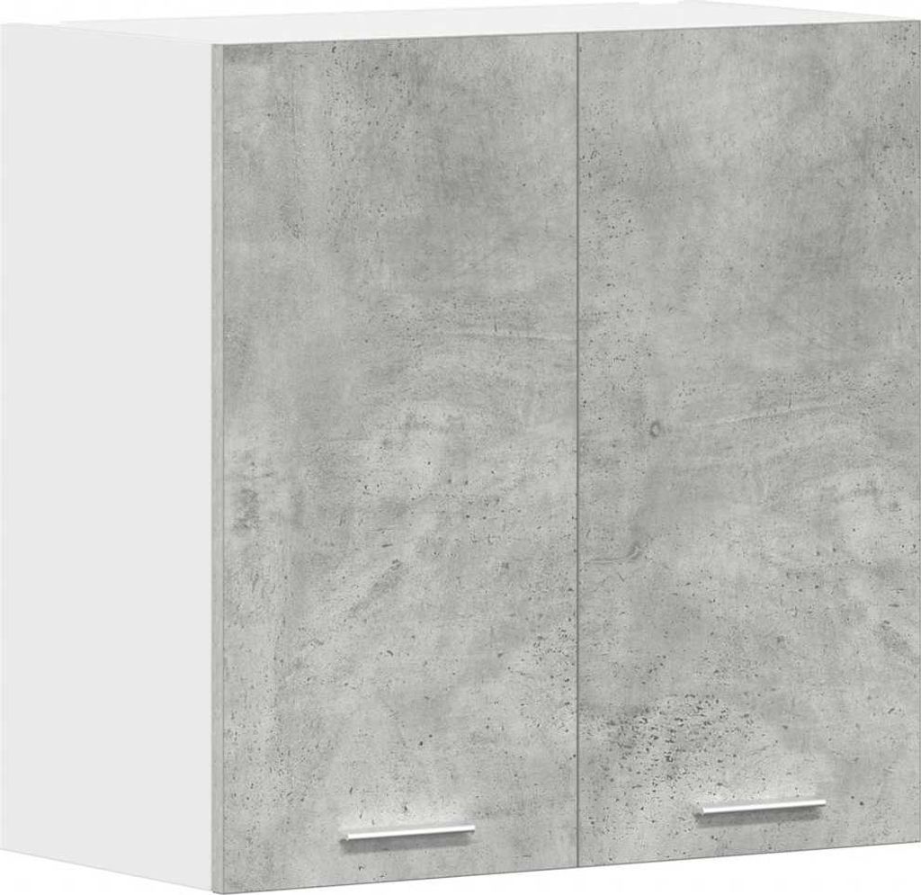 A white and concrete-effect wall cabinet with two doors and silver handles.