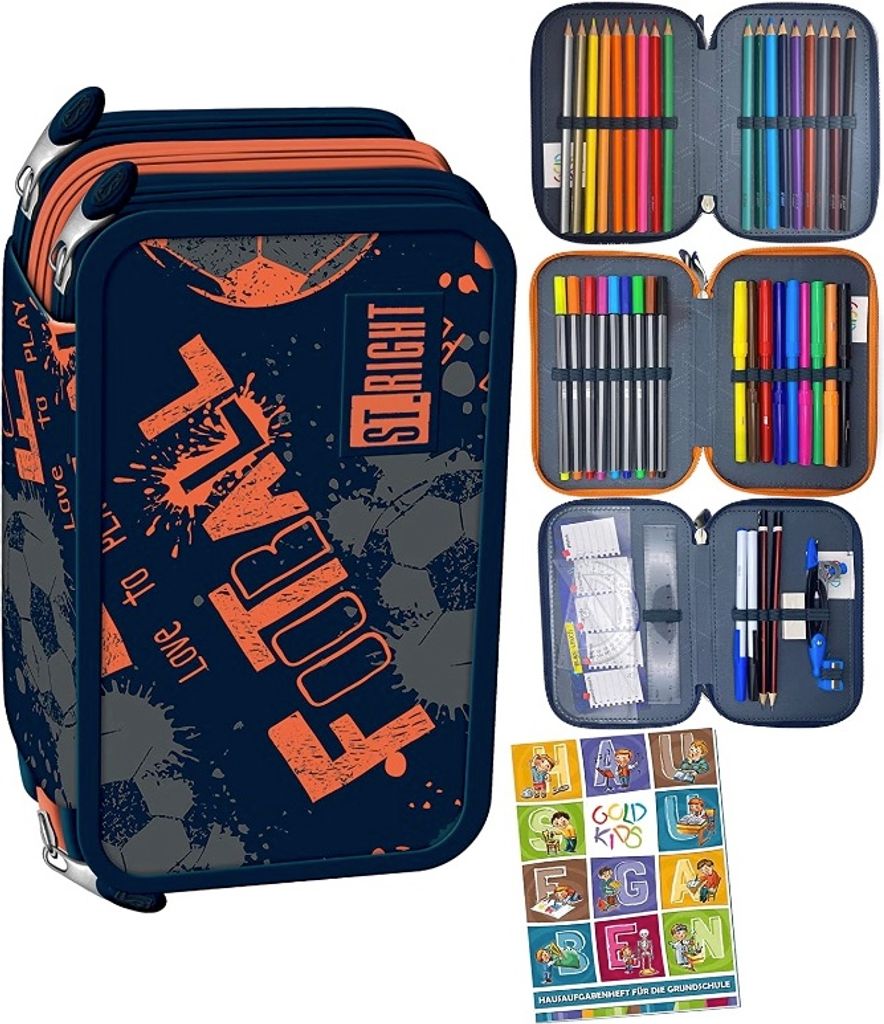 St. Right XXL Federtasche Federmappe Federmäppchen 46-teilig gefüllte Schüleretui 3-stöckig 19 x 13 x 7 cm inkl. Hausaufgabenheft Soccer Balls ...
