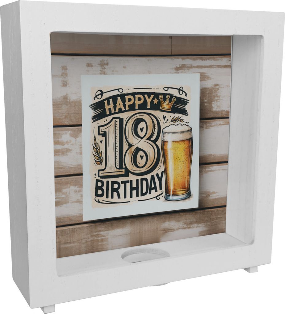 18. Geburtstag Bier Rahmen Spardose aus Holz mit Spruch Happy Birthday 18