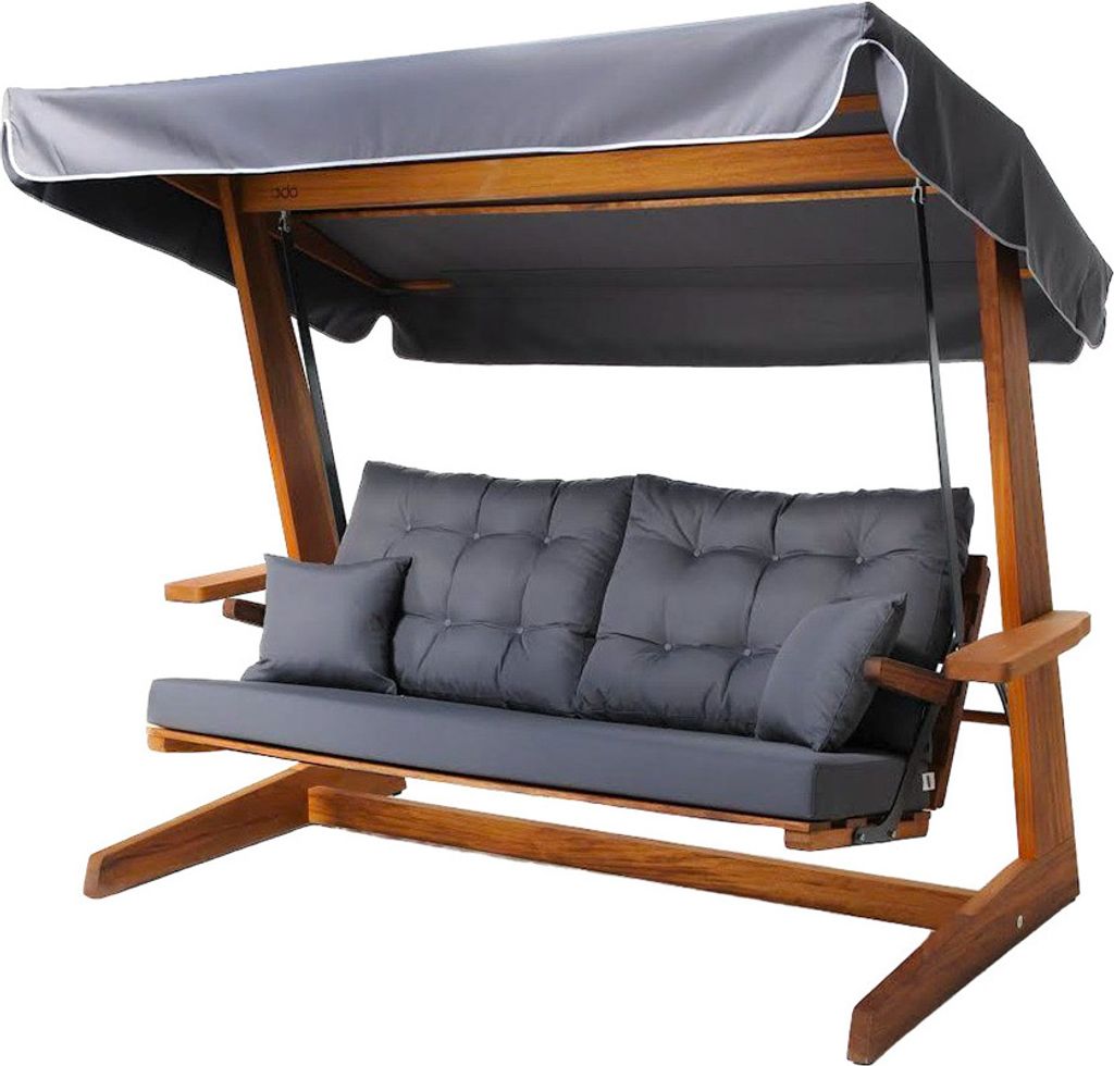 A wooden garden swing with a grey canopy and cushions, shown against a white background.
