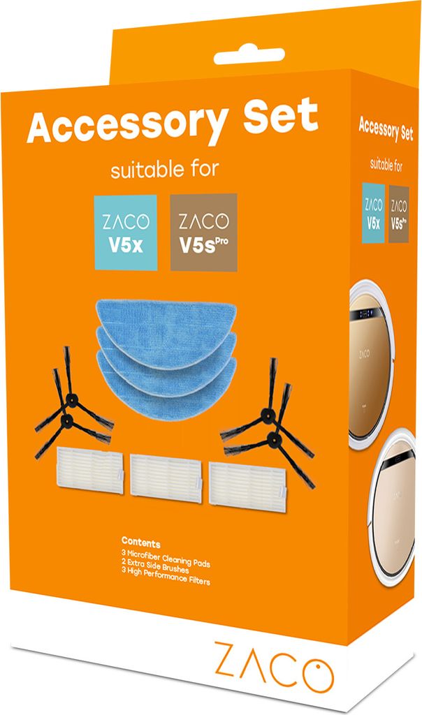 The image shows the packaging of a ZACO accessory set for robot vacuum cleaners.
