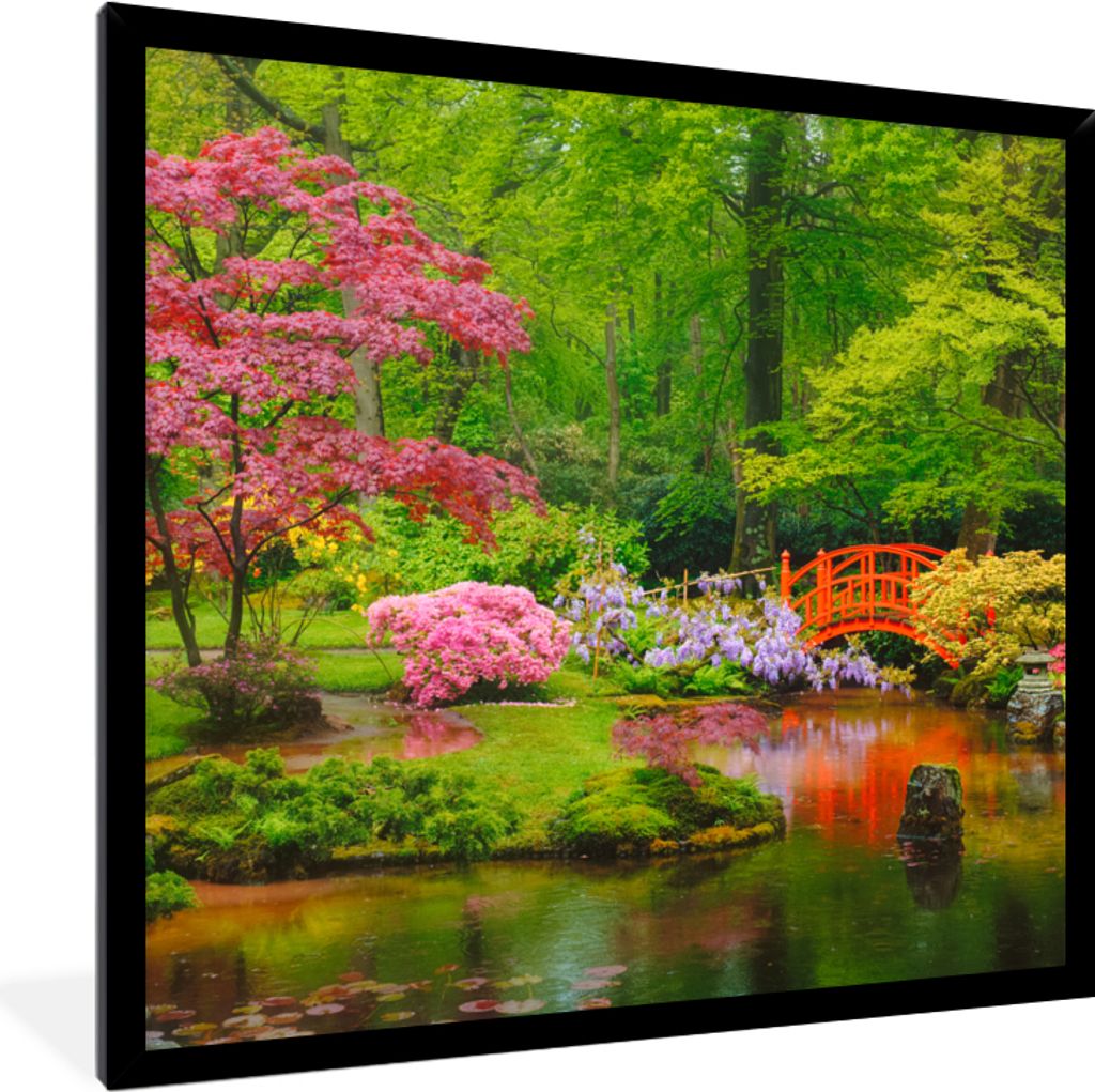 MuchoWow Gerahmtes Poster Brücke - Japanisch - Botanisch - Bäume - Blumen 40x40 cm - Poster mit Schwarzem Bilderrahmen Wandposter Rahmen Foto B...