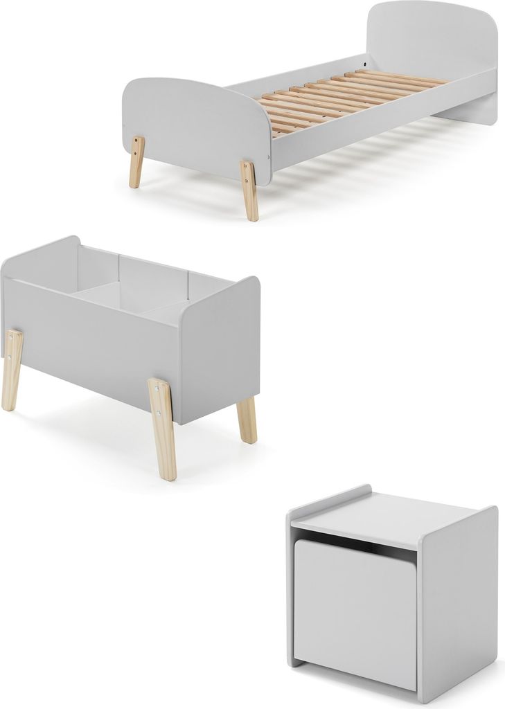 Kinderbett >KIDDY< in hellgrau aus Massiv Kiefer und MDF - 205,5x72,5x95 (BxHxT)