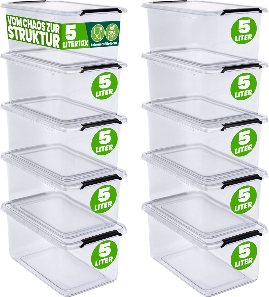 DEUBA 10x Aufbewahrungsbox mit Deckel 5L Box Kunststoff Kisten lebensmittelecht BPA frei klein Klickverschluss transparent stapelbar Küche Schla...
