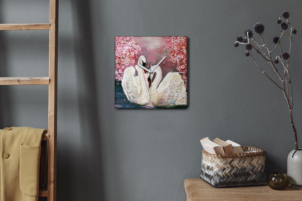Coloray Hodiny Unikátní 30x30 cm Tiché hodiny Pro obývací pokoj a kuchyň Nástěnné hodiny Plátno Bílé ručičky hodin - Swans Tree Flowers