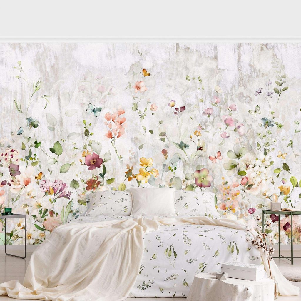 Fototapete Blumen - Vliestapete - Bildtapete UV-beständig Zement bunt Steinoptik Wandtapete geruchsfrei