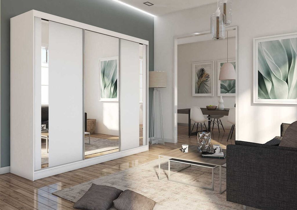 AGMAT Schwebetürenschrank Anzio, Kleiderschrank mit 3 Türen, Moderne Garderobe in Farbe: Weiß, Schrank in Größe: 240 x 216 x 61 cm