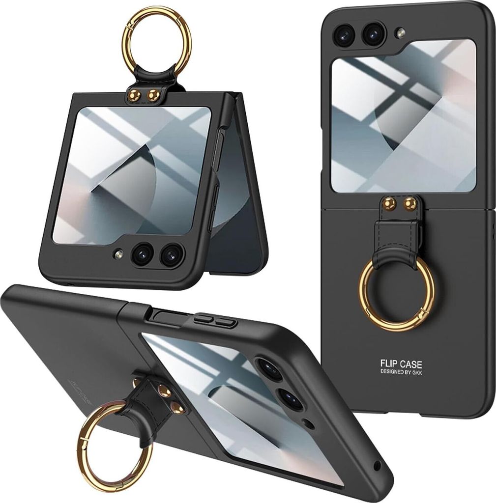 Hülle für Samsung Galaxy Z Flip 6 / Z Flip 7 FE Schlank Hart PC Matt Schutzhülle mit Frontdisplay Film und Ringhalter Schwarz