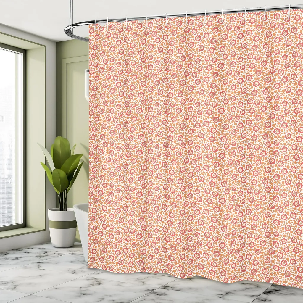 Tenda Doccia RnnJoile 183x183 Cm Con Fiori E Farfalle, Tema Giardino, Corallo E Grigio, Con 12 Ganci