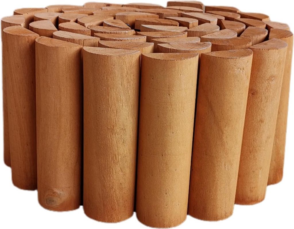 A coiled arrangement of wooden border segments.