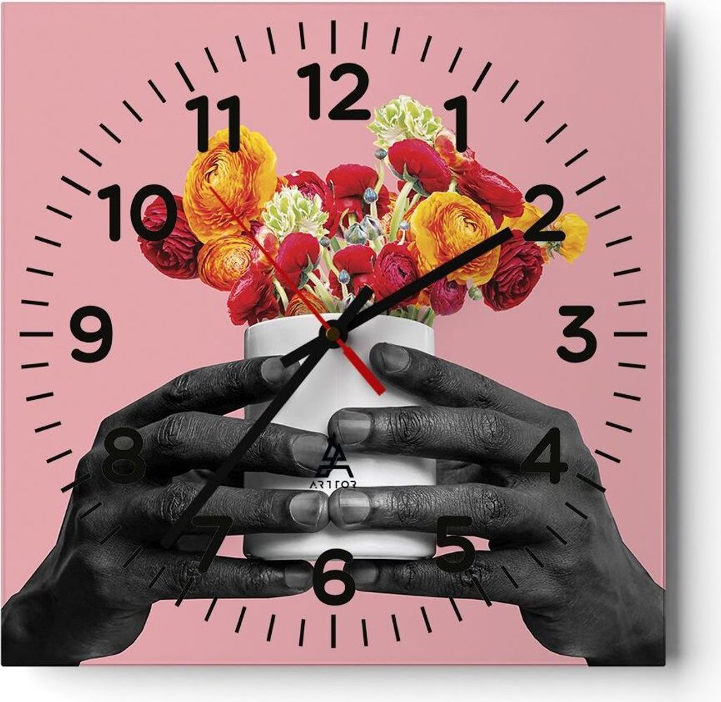 Wanduhr - Quadrat - Glasuhr - Schwarz Hände Blumen - 40x40cm - Schleichendes Uhrwerk - Lautlos - zum Aufhängen bereit - Dekoration Modern - Wandd...