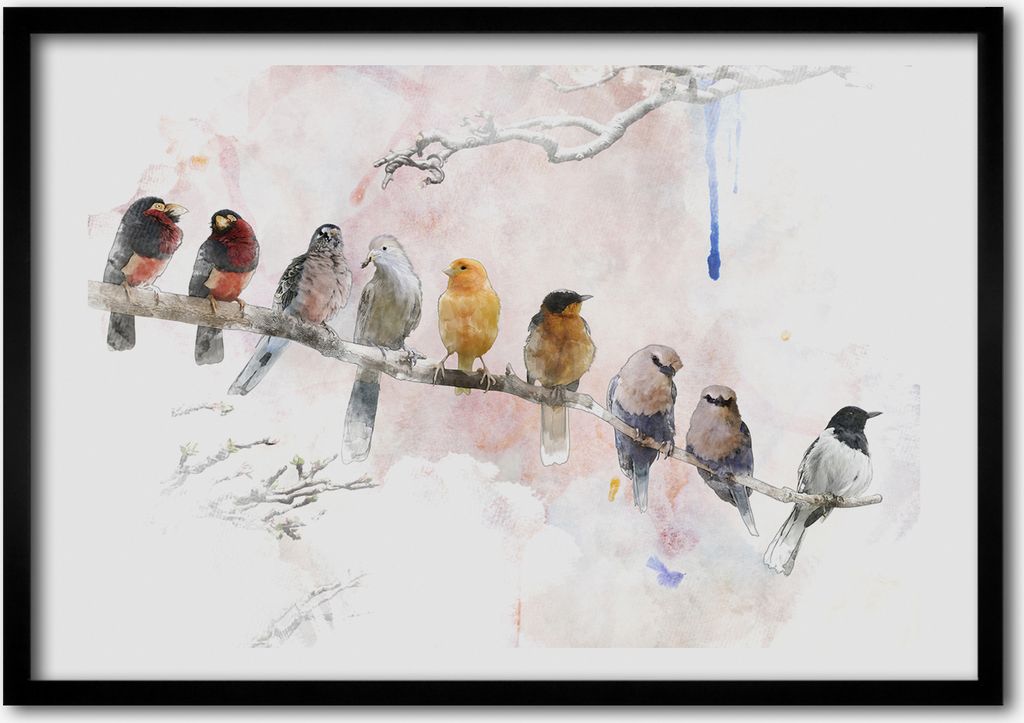 Bild - Bilderrahmen - 100 cm x 70 cm - MDF - Rahmen - Foto - Wandkunst Vögel auf einem Ast