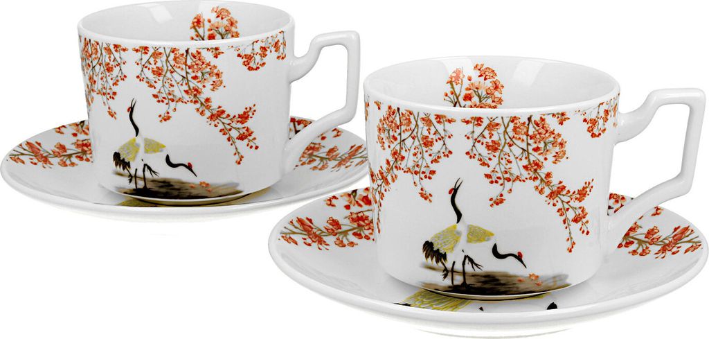 DUO ART GALLERY 2er-Set Tassen mit Untertassen SAKURA & CRANES 270 ml, New Bone China Porzellan